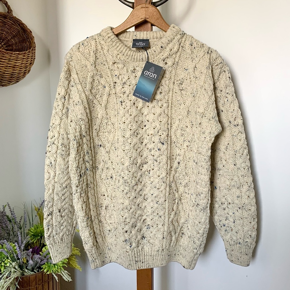 NEW Aran Fisherman Irish Wool Honeycomb Cable Knit Sweater Oatmeal Speckle NWT